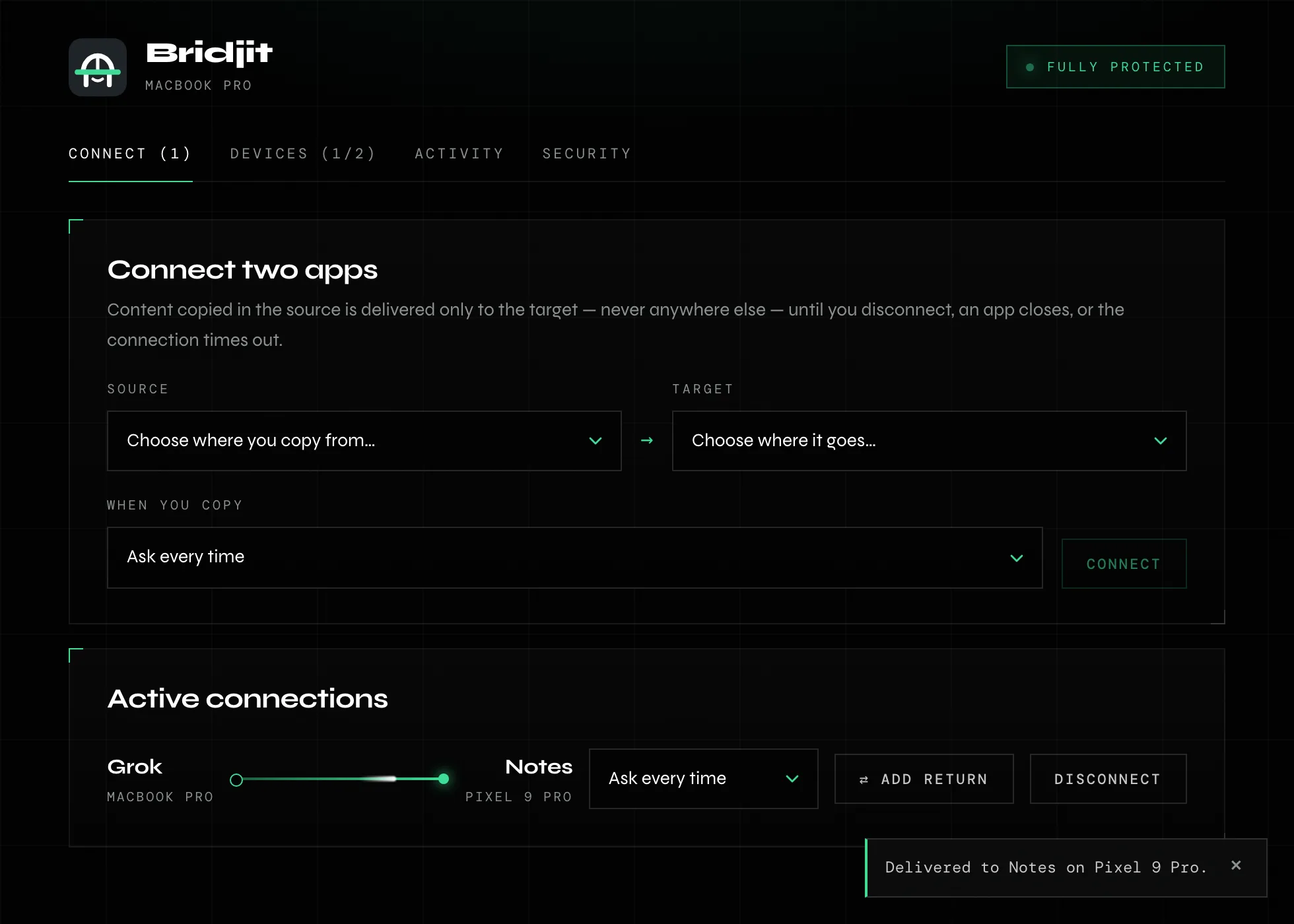 The Bridjit desktop app: connect two apps, with Grok on a MacBook connected to Notes on a Pixel