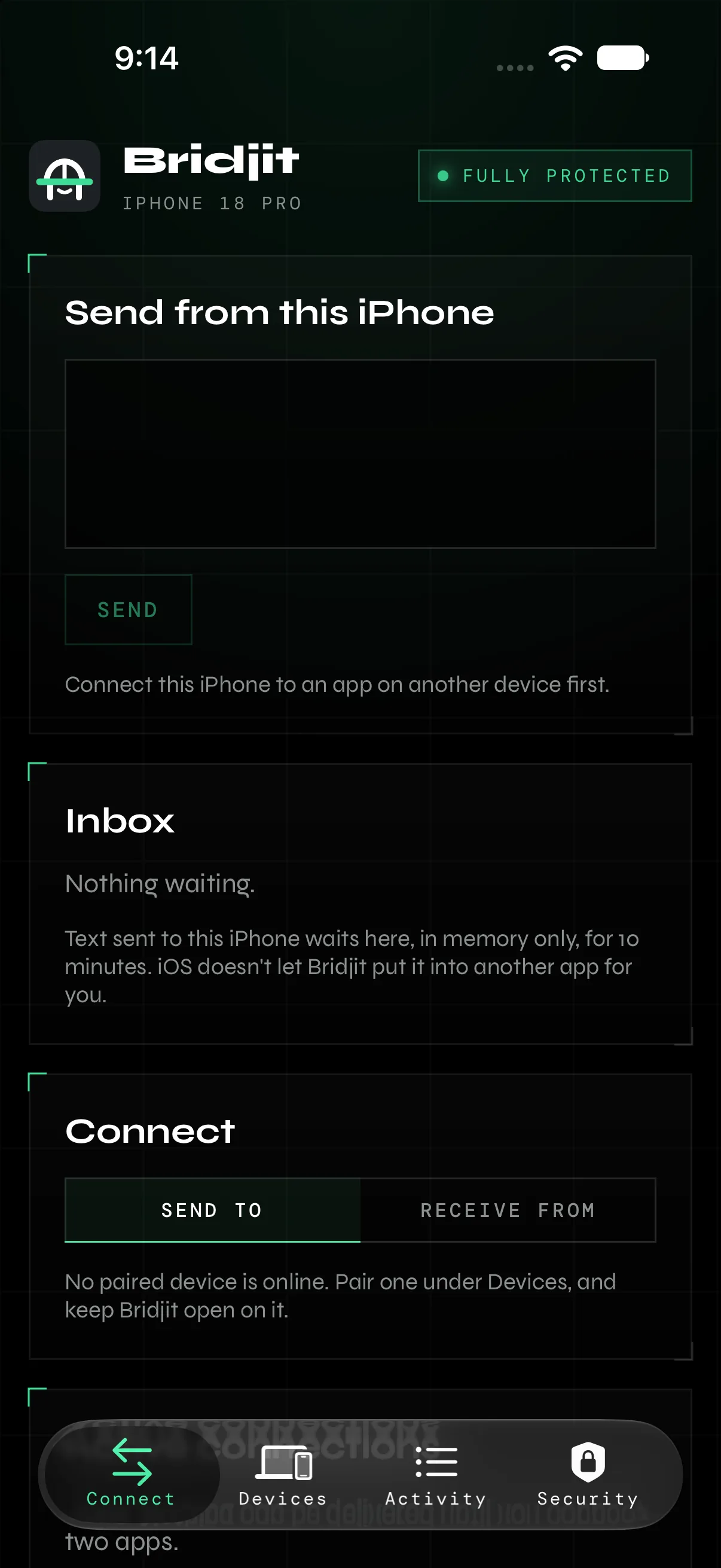 Bridjit on iPhone: send from this iPhone, inbox, connect